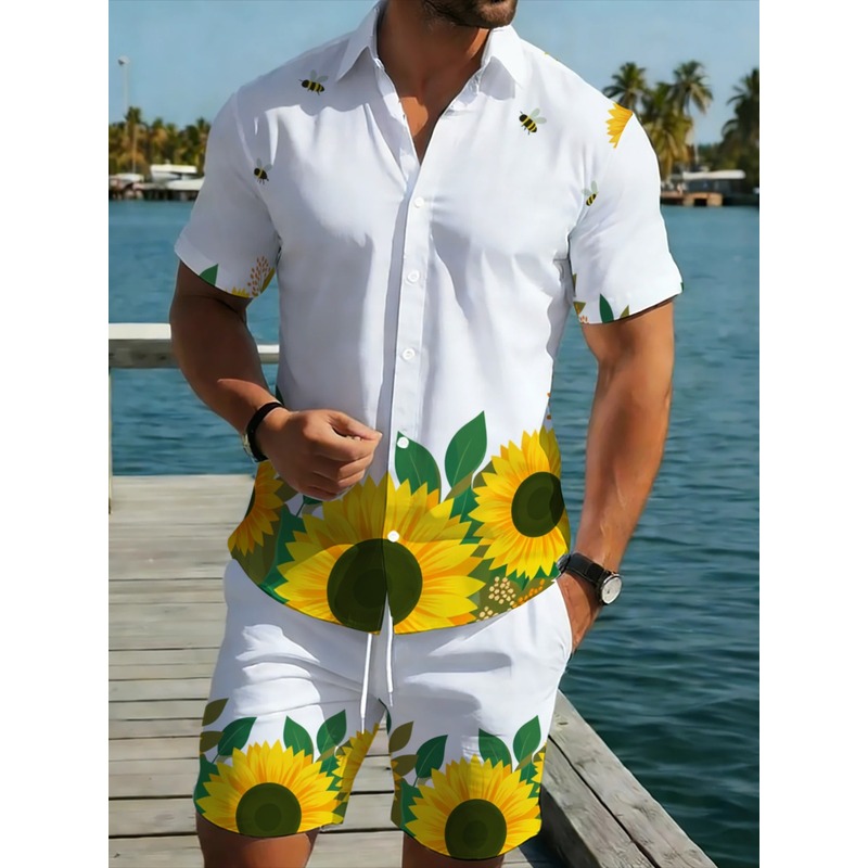 Printed Floral Shirt - Erkek Ayçiçeği Baskılı Gömlek Şort Takımı