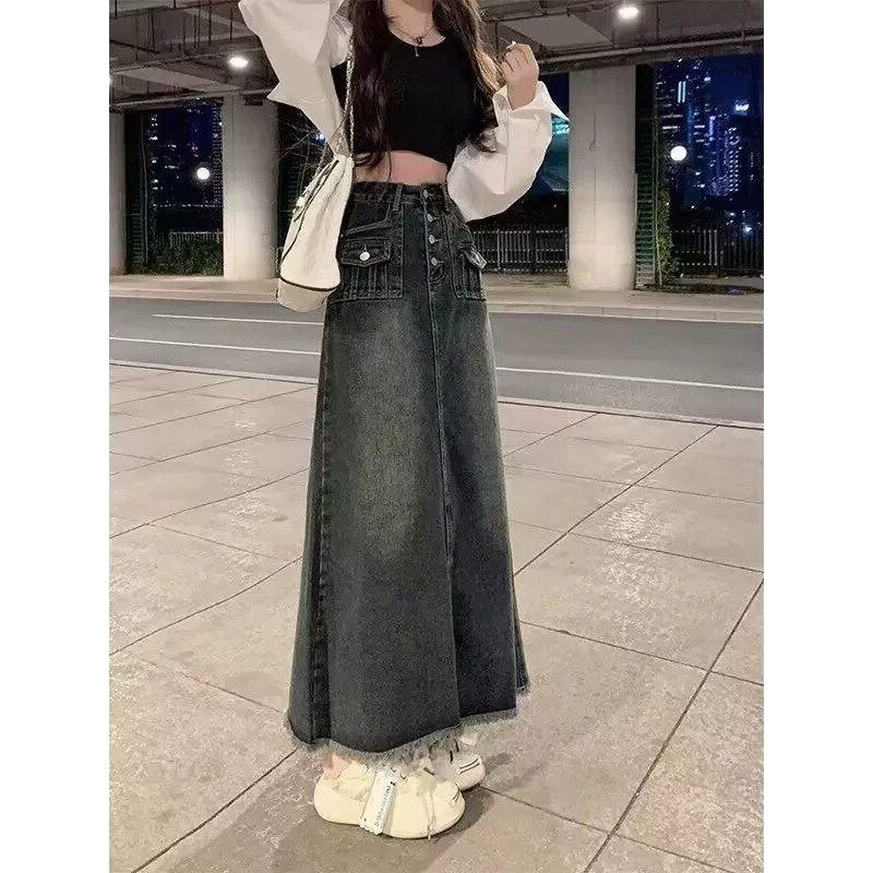 Denim Skirt Midi Vintage - Yüksek Bel A-Line Midi Kot Etek