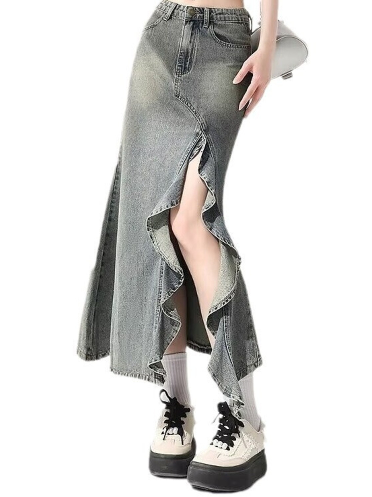Denim Skirt Midi Vintage - Kadınlar İçin Vintage Yıkanmış Kot Denim