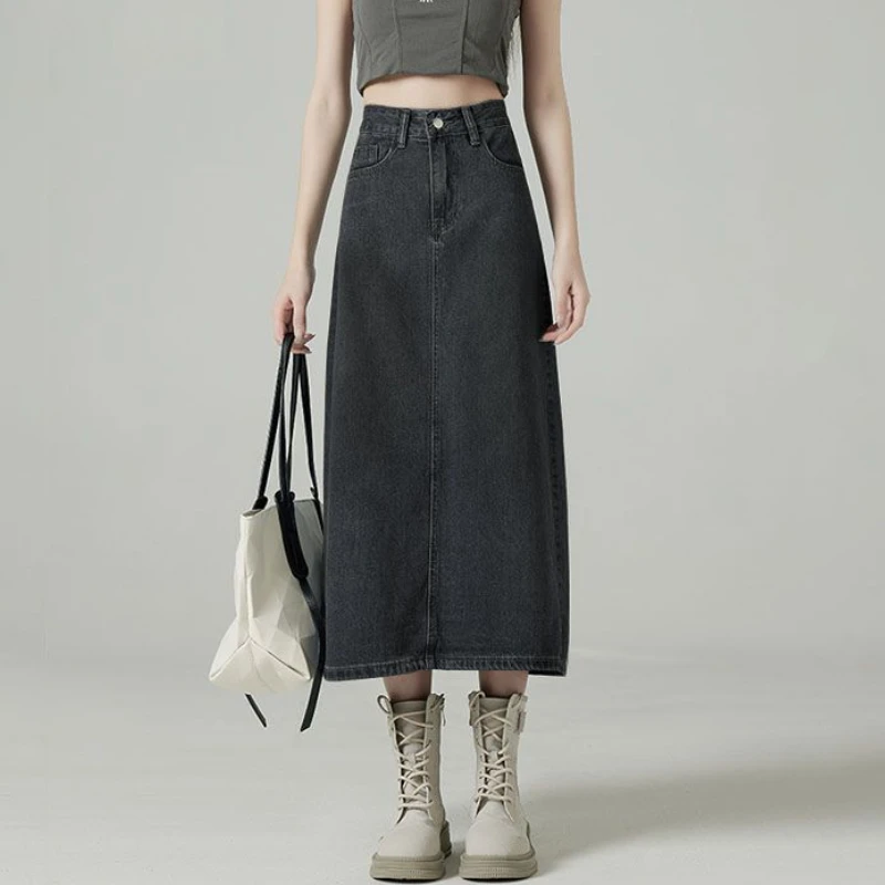 Denim Skirt Midi Vintage - Denim Etekler Kadın Midi Arka yırtmaçlı