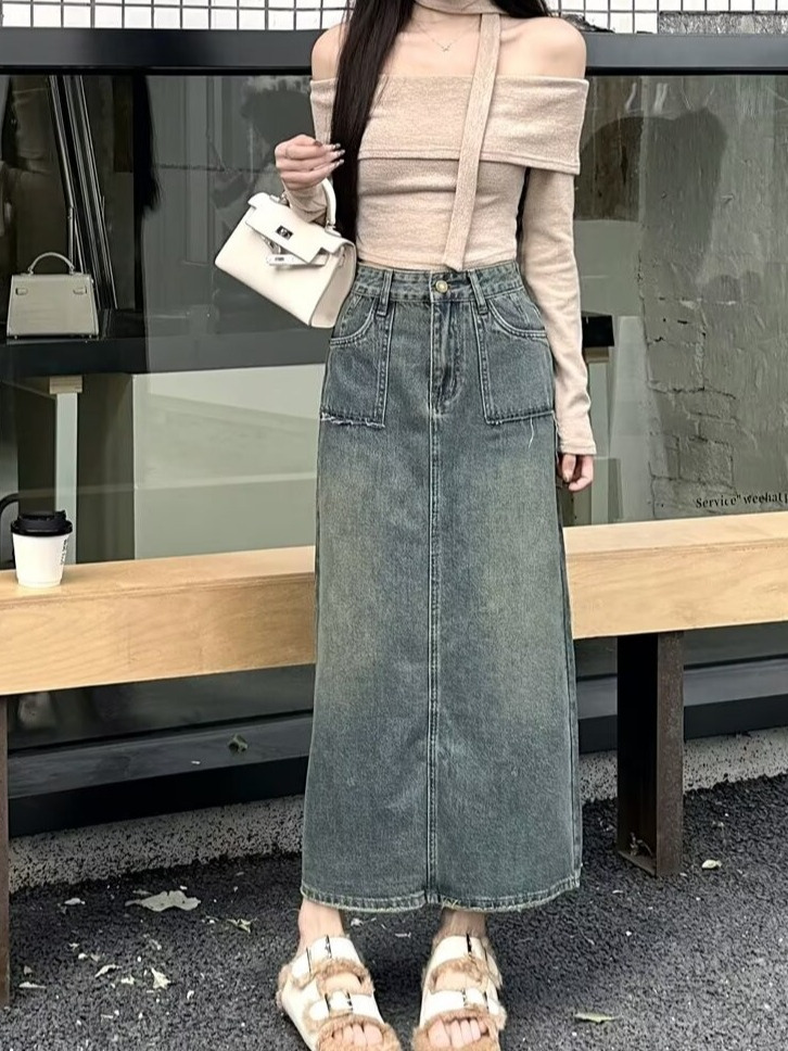 Denim Skirt Midi Vintage - Yüksek Bel Midi Kot Etek Yıkanmış