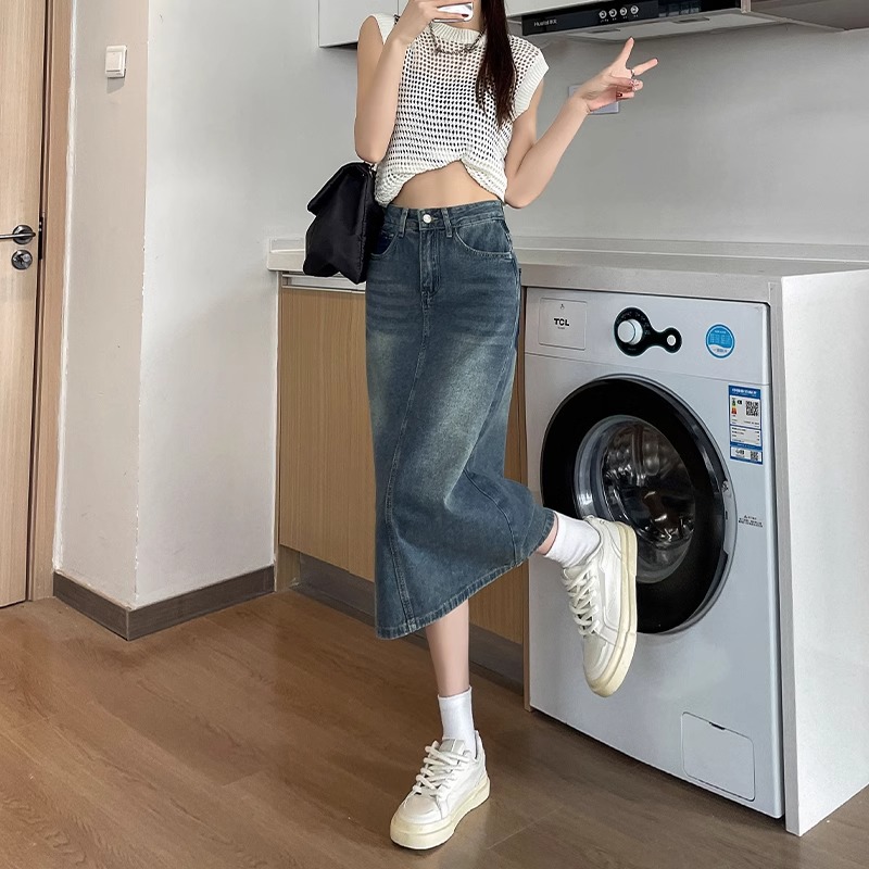 İlkbahar Yaz Yeni Retro Renk B - Denim Skirt Midi Vintage incelemesi ve fiyatı